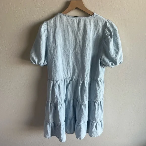 Zara Blue Linen Blend Womens Puff Sleeve Mini Sundress - Picture 6 of 6